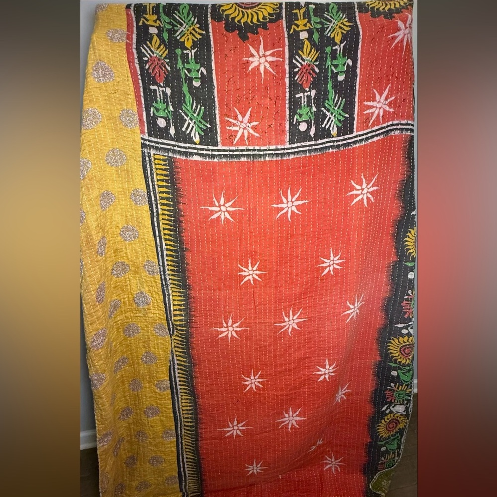 Colorful Kantha Quilt with Star Patterns